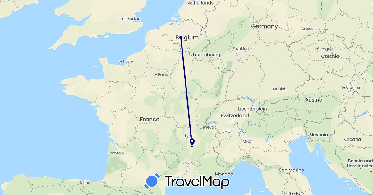 TravelMap itinerary: driving in Belgium, Switzerland (Europe)